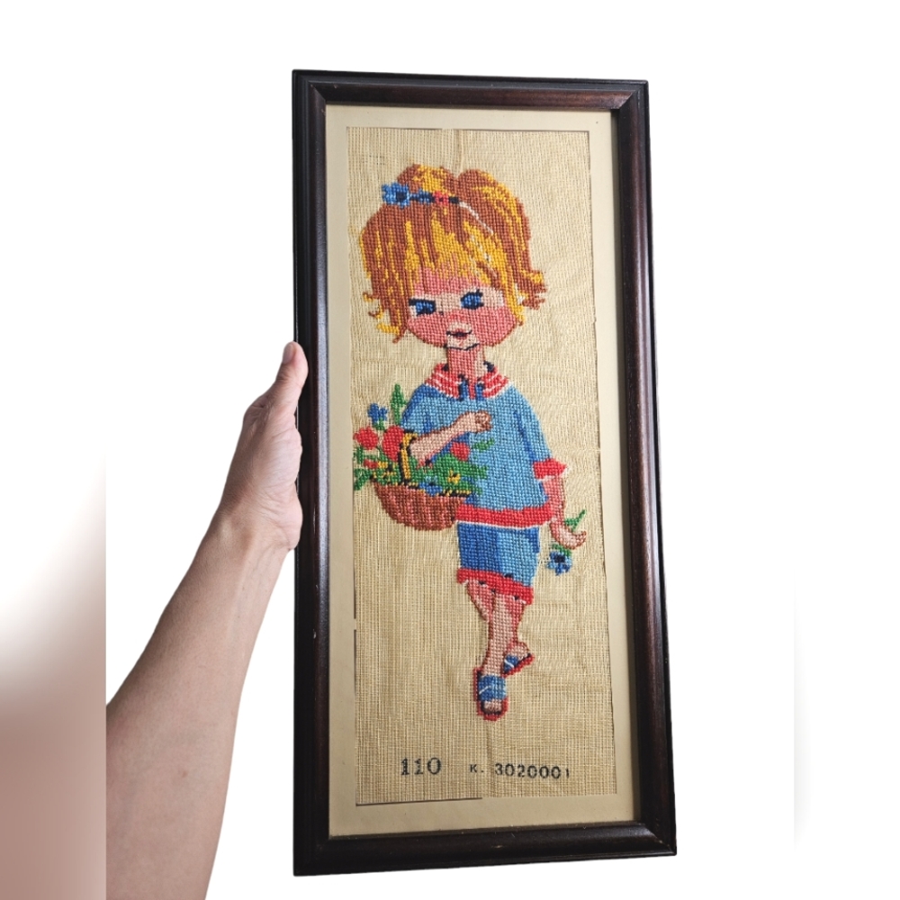 Vintage Needlepoint Tapestry Little Blond Girl with Flower Basket